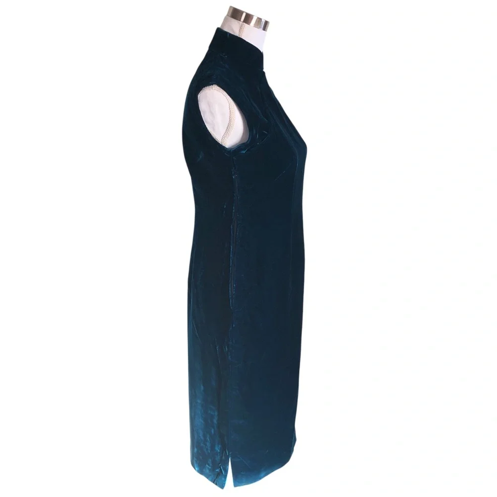 VINTAGE 90s Y2K Handmade Teal Velvet Mandarin Collar Sleeveless Mini Dress Small